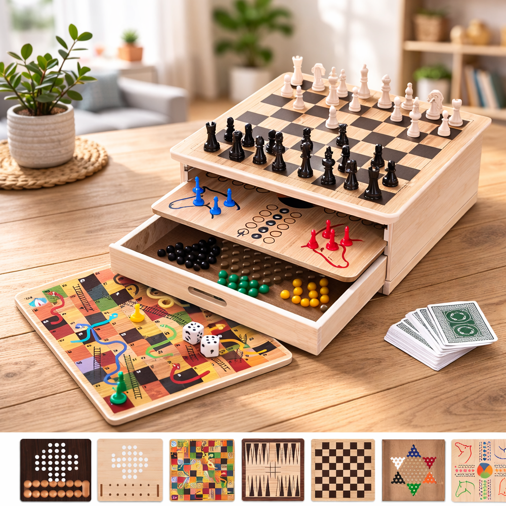 10-in-1 Holz Spielesammlung – Schach, Dame & Klassiker Brettspiele für die ganze Familie ab 6 Jahren