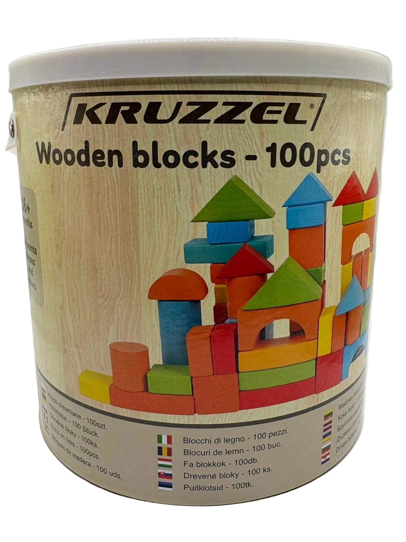 Kruzzel Lernspielzeug Holzbausteine – 100 Teile im Eimer mit Sortierdeckel und Stoffbeutel