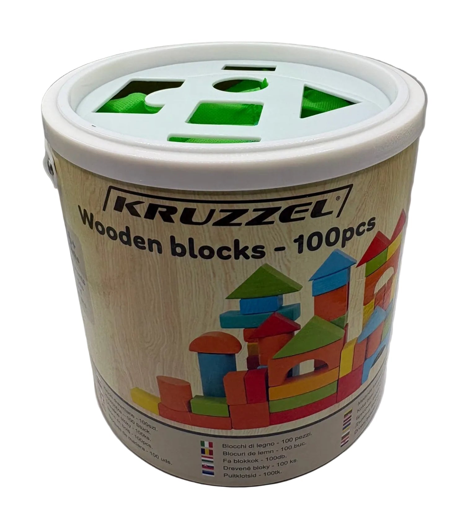 Kruzzel Lernspielzeug Holzbausteine – 100 Teile im Eimer mit Sortierdeckel und Stoffbeutel