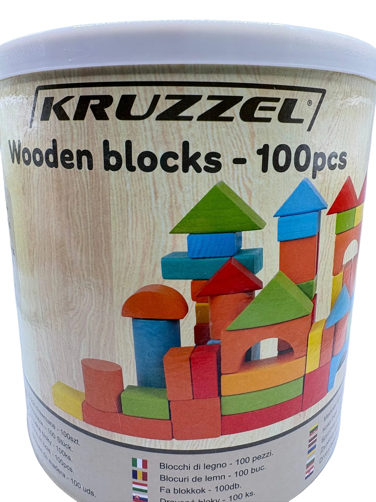 Kruzzel Lernspielzeug Holzbausteine – 100 Teile im Eimer mit Sortierdeckel und Stoffbeutel