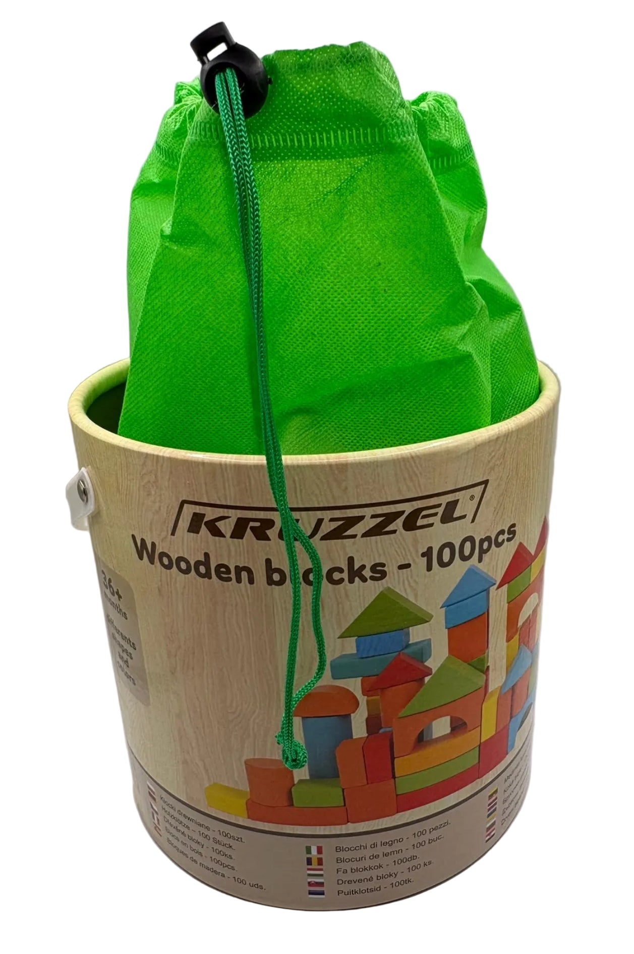 Kruzzel Lernspielzeug Holzbausteine – 100 Teile im Eimer mit Sortierdeckel und Stoffbeutel