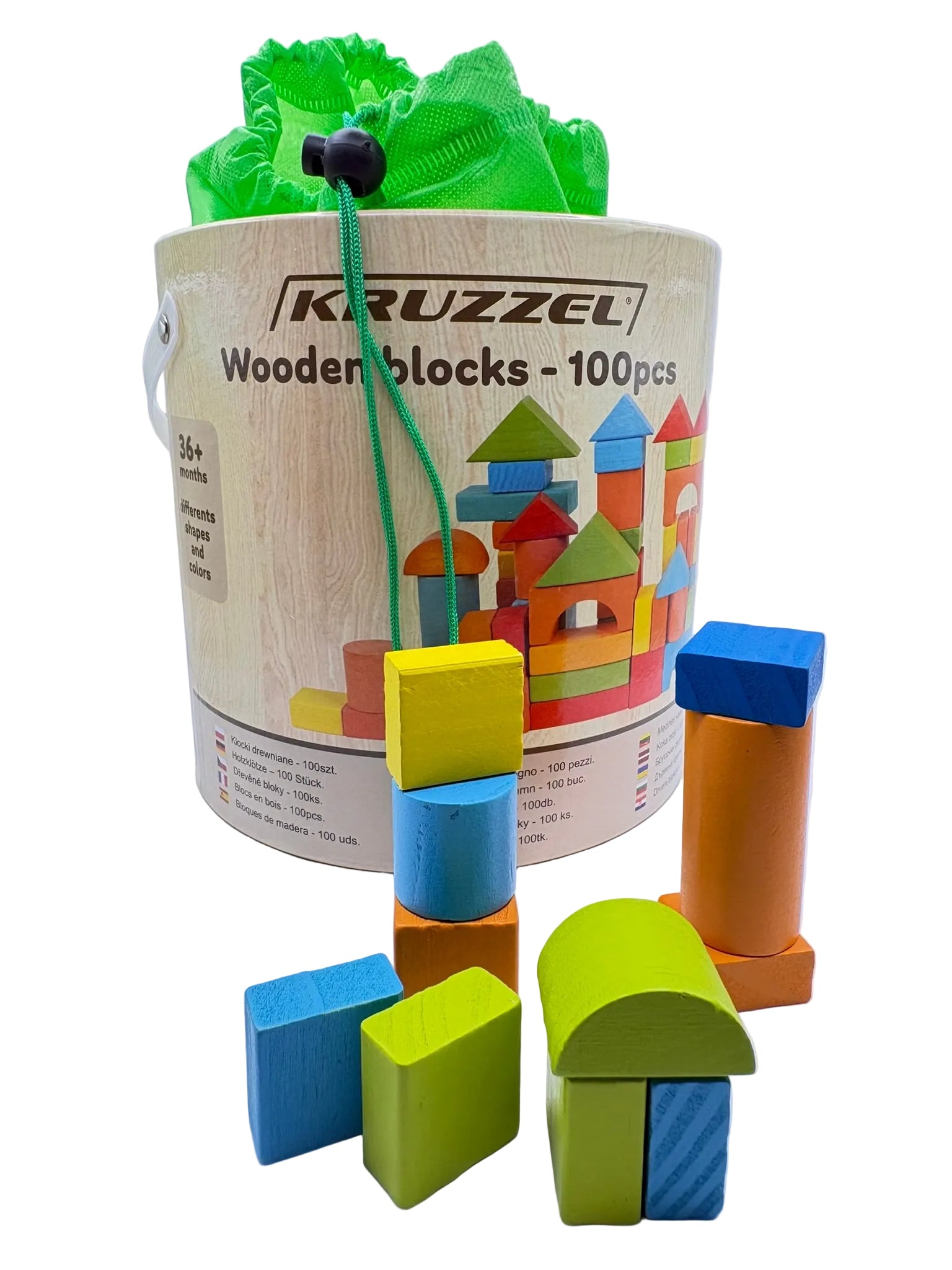 Kruzzel Lernspielzeug Holzbausteine – 100 Teile im Eimer mit Sortierdeckel und Stoffbeutel