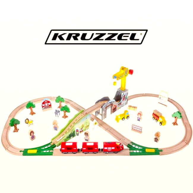 Kruzzel Holz Eisenbahn-Spielset mit Brücke, Tieren & Zubehör – Kreativer Spielspaß und Lernen ab 3 Jahren